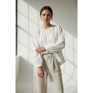 Nili Lotan White Embroidered Ramie Blouse | Made in India | Size XS